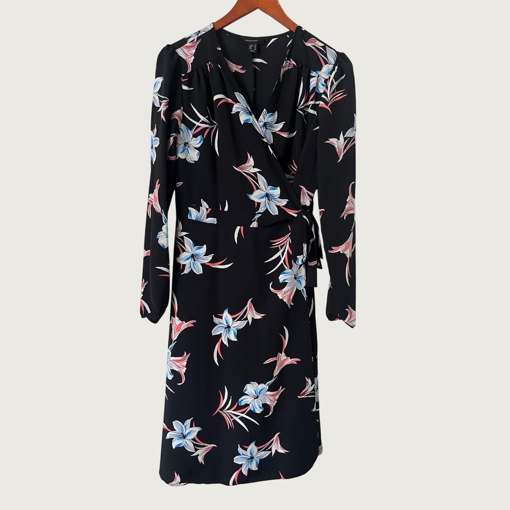 Atmosphere Black Floral Long Sleeve Wrap Dress Size 10 Tropical Lily Print